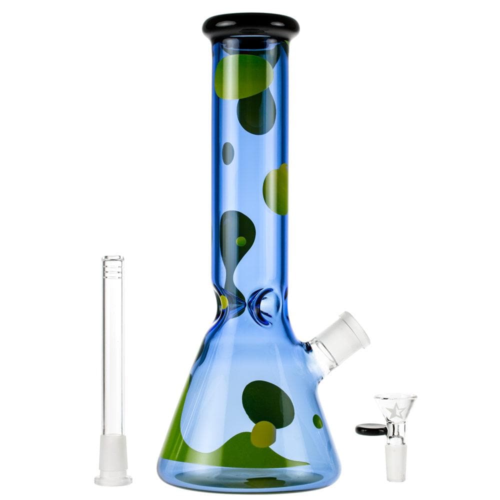 Straight-on view of the Famous X Privilege 12" Beaker Bong in blue glass with green abstract spots against a white background.