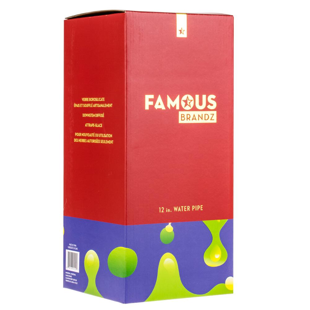 Angled front view of the boxed Famous X Privilege 12" Beaker Bong showing red and purple packaging with green droplet graphics and gold logo.