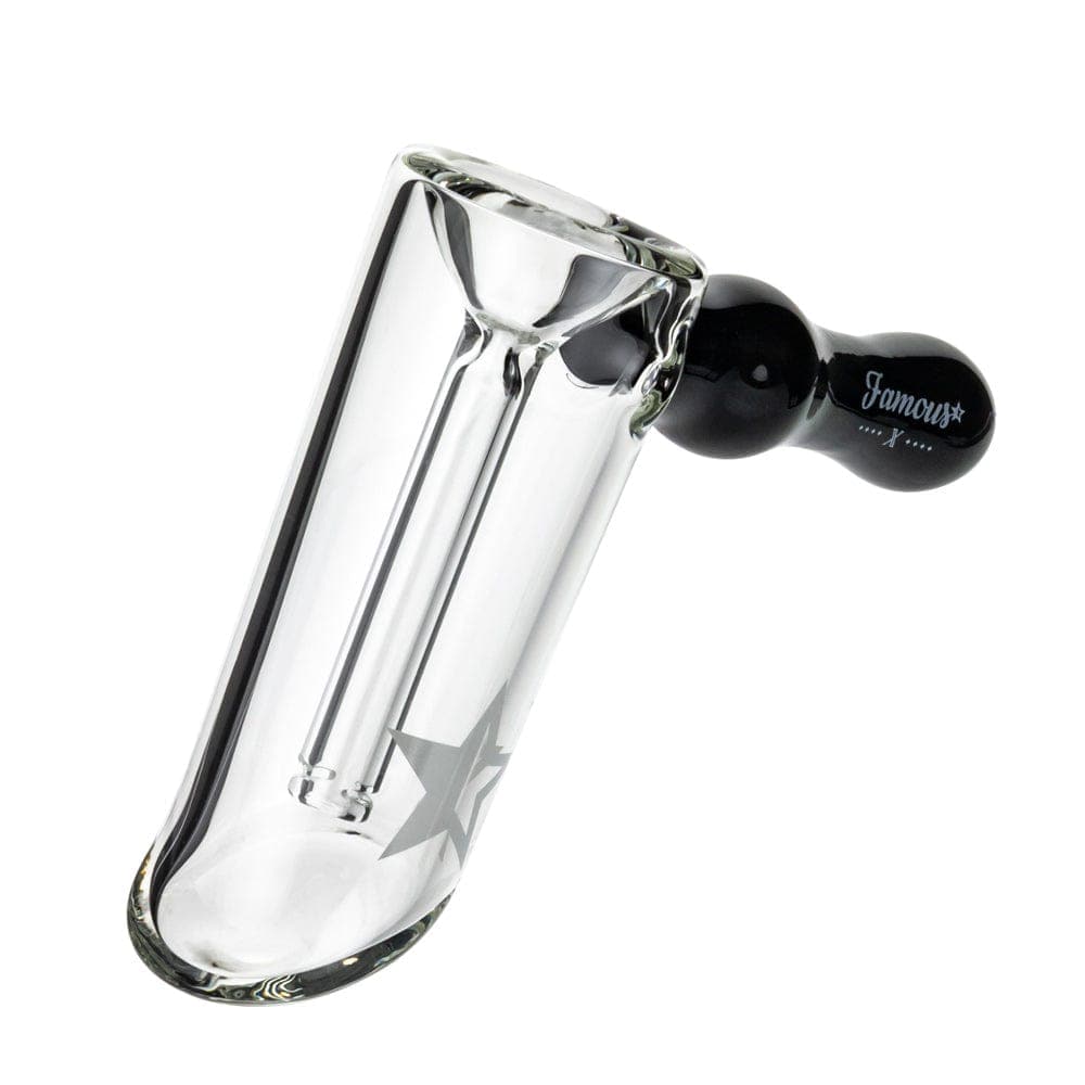 A studio shot of the Famous X 6" Straight Hammer Bubbler, showing its clear glass construction in a straightforward, angled view.