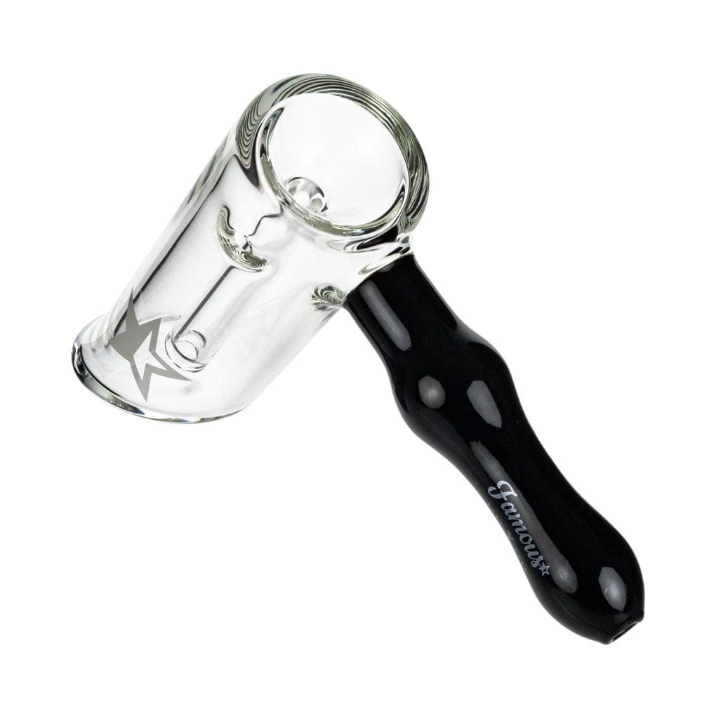 A studio shot of the Famous X 6" Straight Hammer Bubbler, displaying its clear glass construction in a straightforward, angled view.