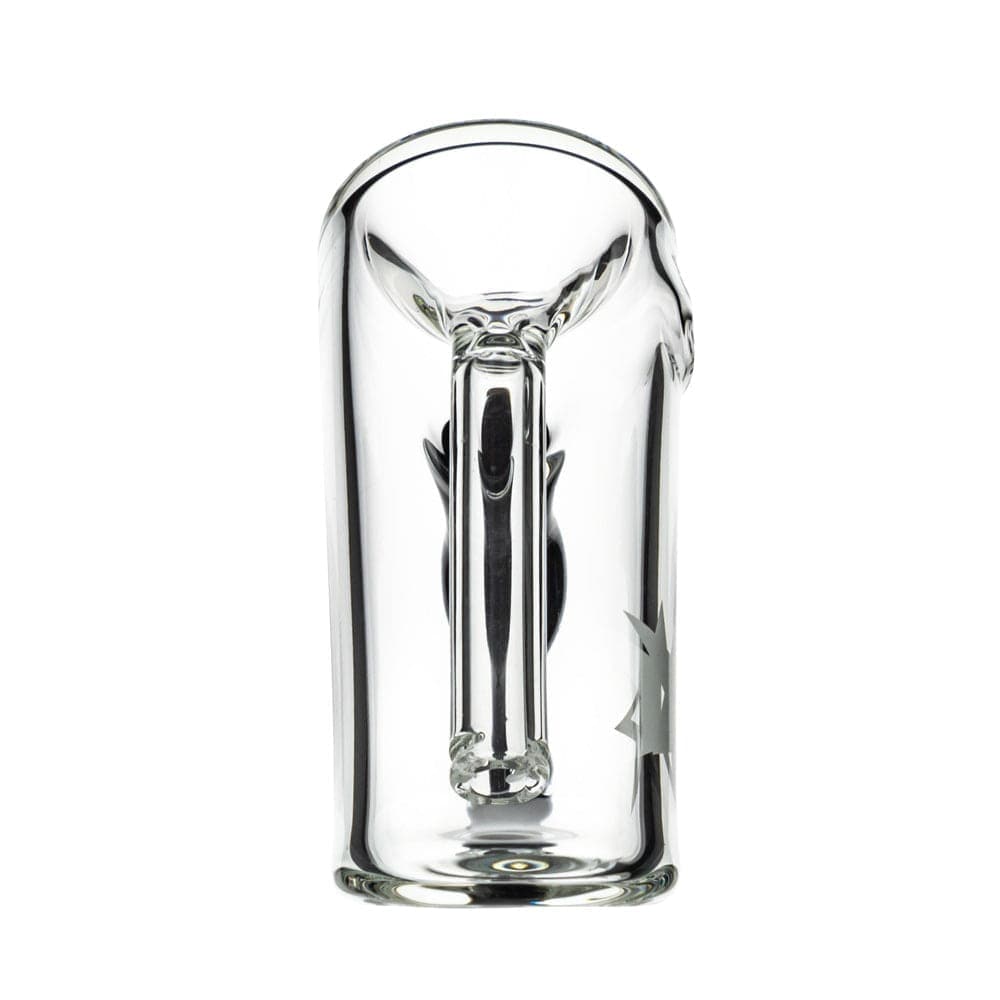 A straight-on view of the Famous X 6" Straight Hammer Bubbler, showcasing its clear glass construction and simple hammer design.