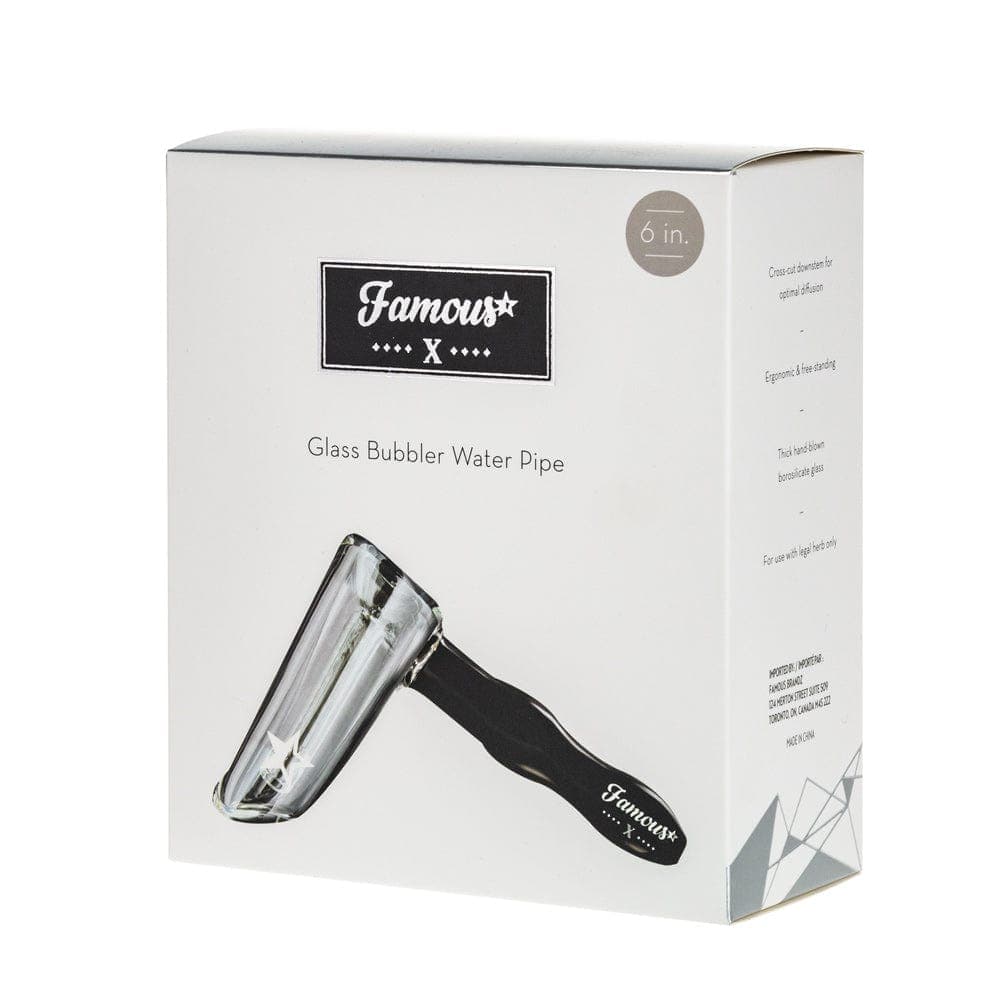 Front view of the Famous X 6" Straight Hammer Bubbler, showcasing its clear glass construction and simple cylindrical form.