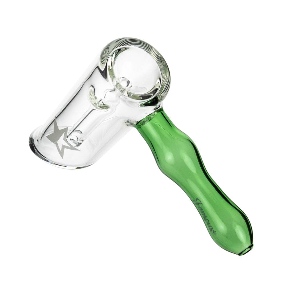 Front view of the Famous X 6" Straight Hammer Bubbler, showcasing its clear glass construction and streamlined hammer design.