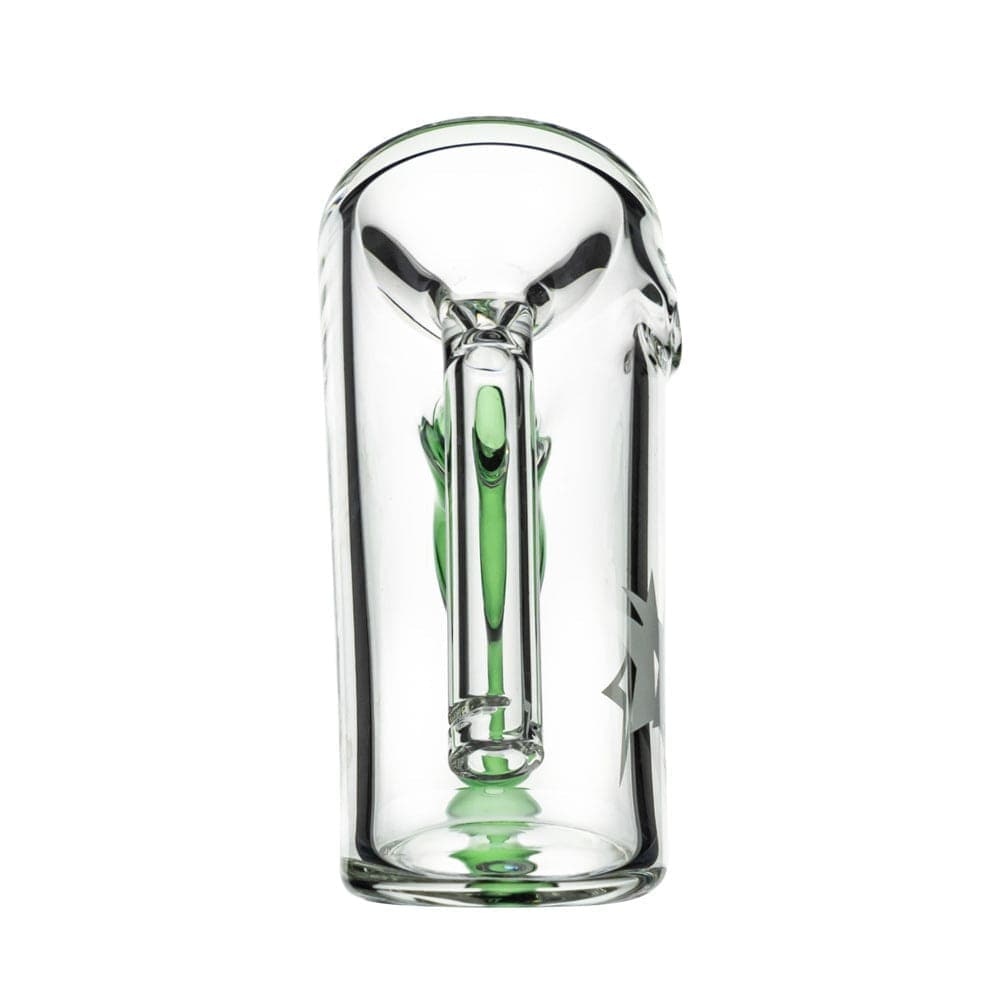 Front view of the Famous X 6" Straight Hammer Bubbler, showcasing its clear glass construction and simple, cylindrical shape.