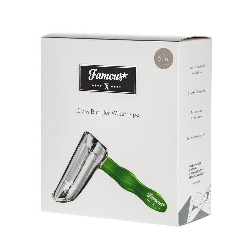 Front view of the Famous X 6" Straight Hammer Bubbler, a clear glass piece with a simple, cylindrical form.