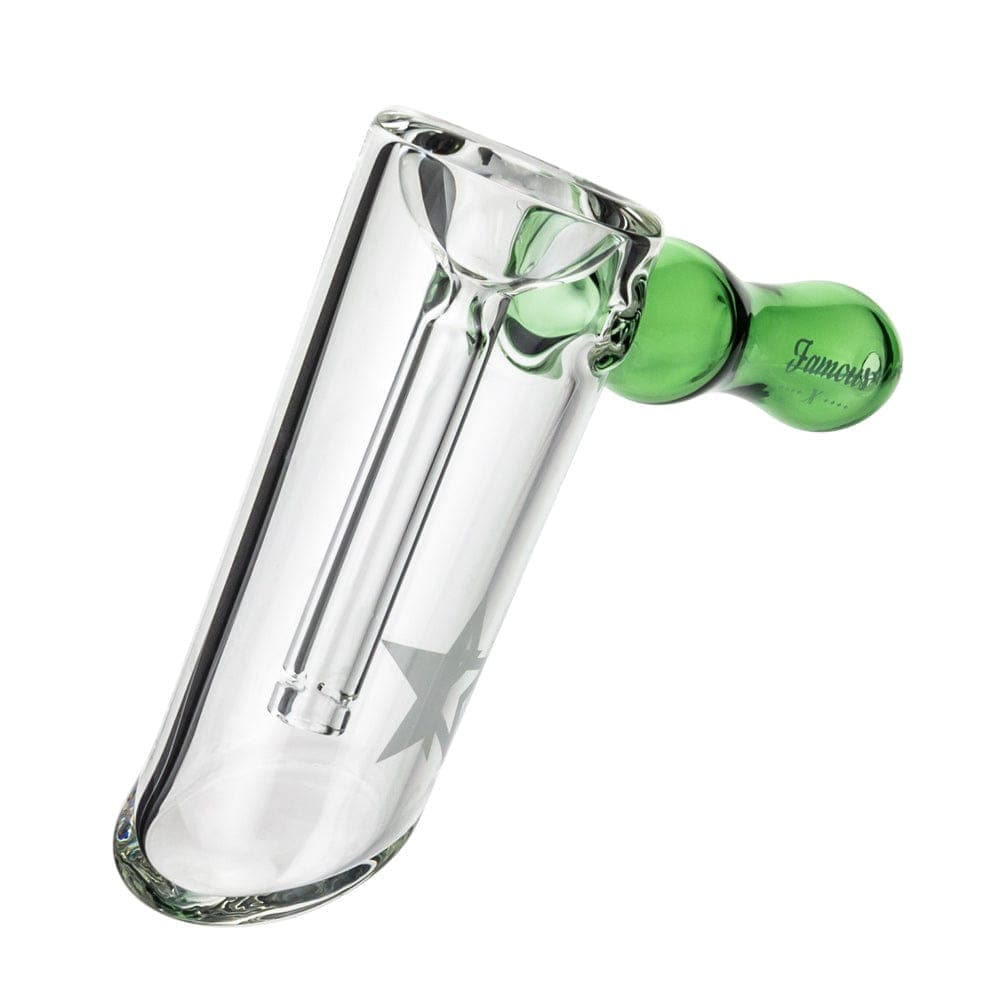 A studio shot of the Famous X 6" Straight Hammer Bubbler, showing the clear glass design in a slightly angled view.