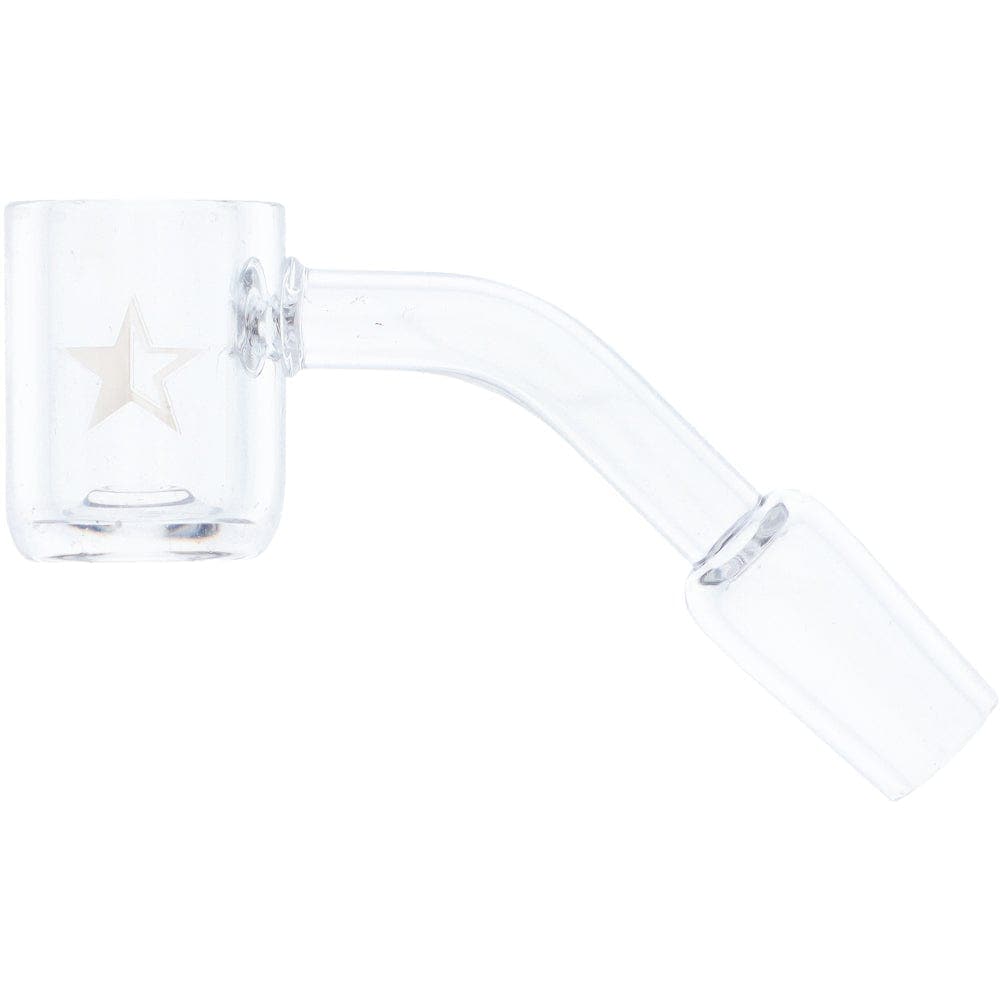 A slightly angled view of the Famous X Replacement Banger with a 45-degree angle and 14mm male joint, presented in clear glass.
