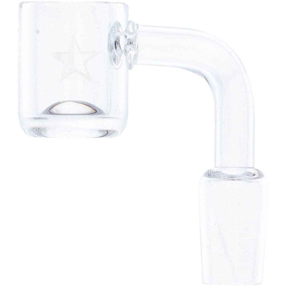 A close-up, angled view of the Famous X Replacement Banger, a clear 90-degree banger with a visible 14mm joint.