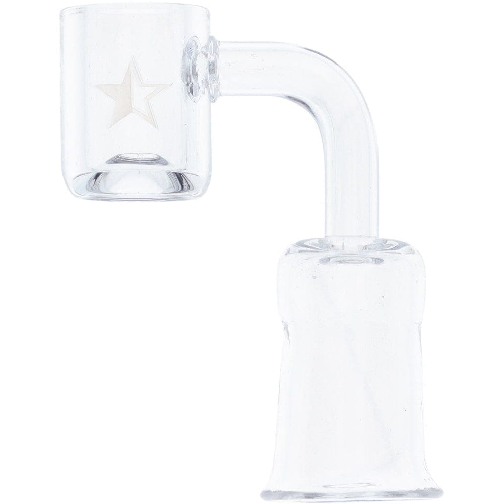 A close-up, angled view of the Famous X Replacement Banger, showing its 90-degree joint and clear glass construction.