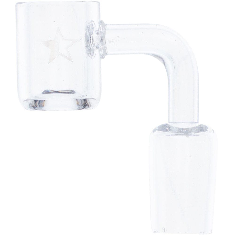 A close-up view of the Famous X Replacement Banger, a clear 90-degree banger with an 18mm male joint.