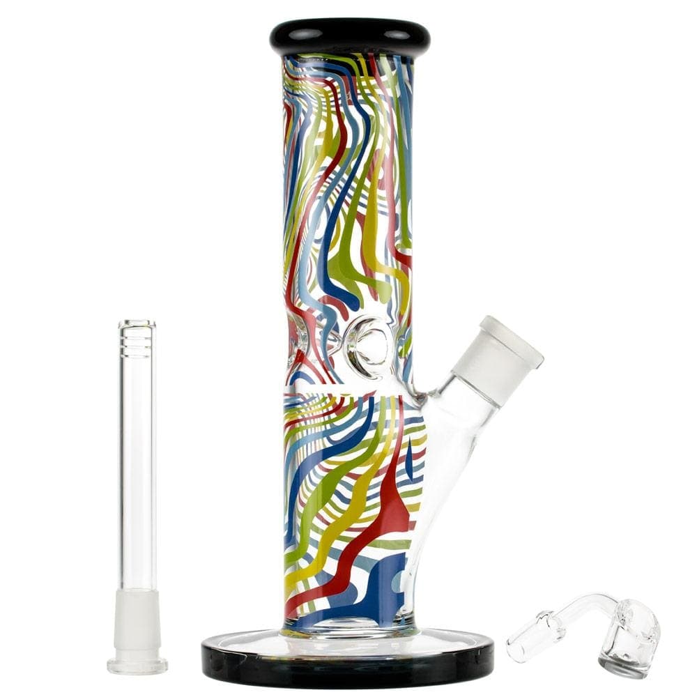 A front view of the Amnesia 10" Dab Rig with a colorful patterned glass body and black accent rim.