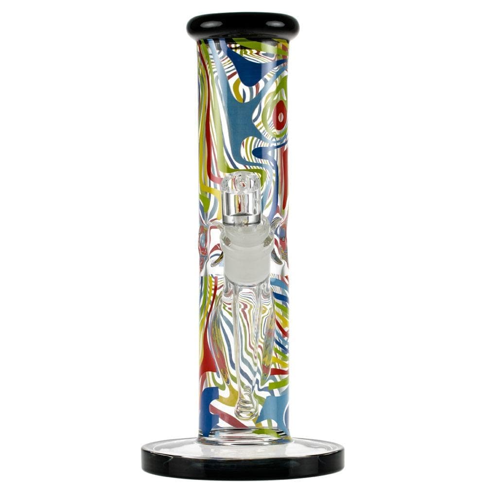 Front view of the Amnesia 10" Dab Rig, showcasing a colorful glass design with a black accent rim.