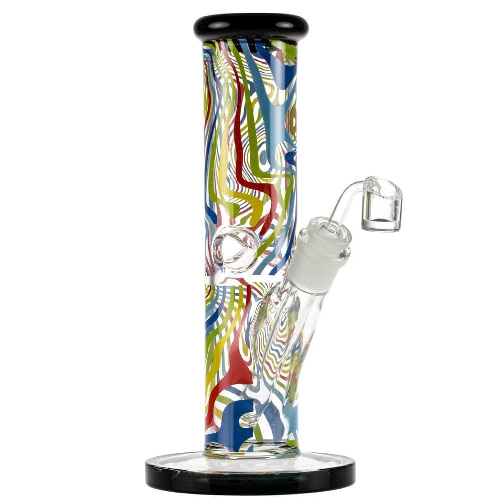 Front view of the Amnesia 10" Dab Rig, featuring a colorful, patterned glass body and a black accent rim.