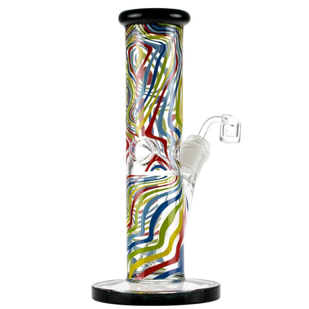 Front view of the Amnesia 10" Dab Rig with a colorful, patterned glass body and a black base.