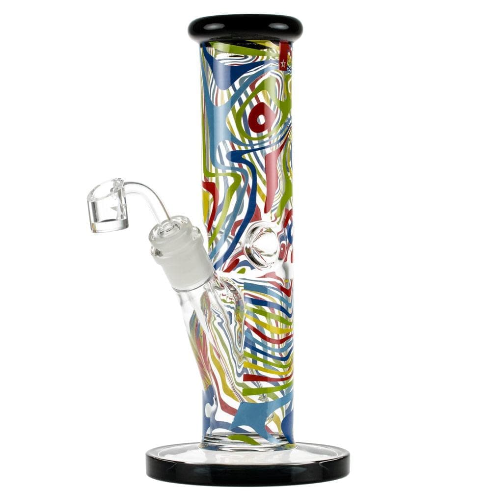 Front view of the Amnesia 10" Dab Rig, a glass rig with a black accent and colorful swirling patterns.