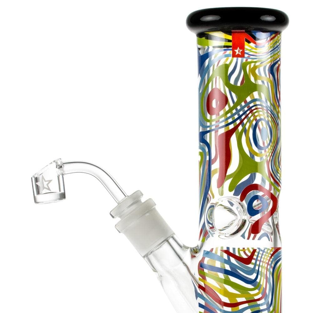 Front view of the Amnesia 10" Dab Rig, featuring colorful swirls in clear glass with a focused perspective on the joint.