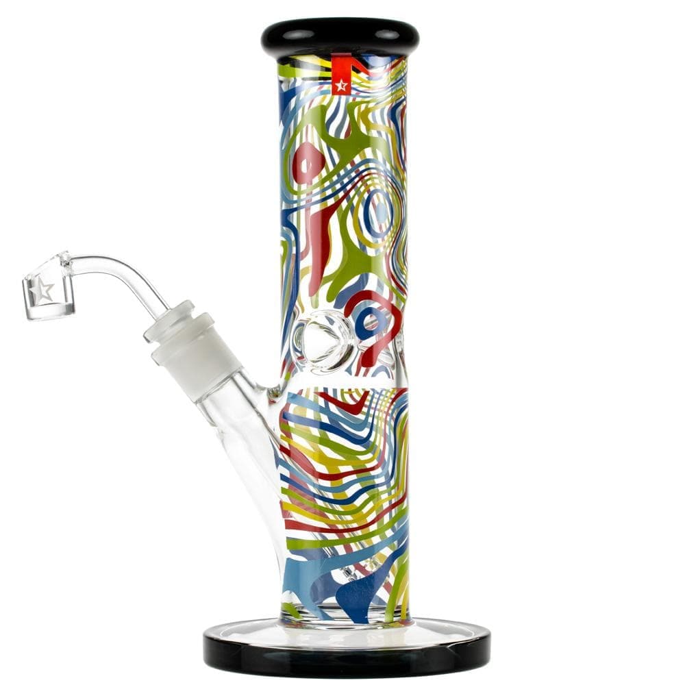 Front view of the Amnesia 10" Dab Rig, featuring a colorful, patterned glass body and a dark mouthpiece.