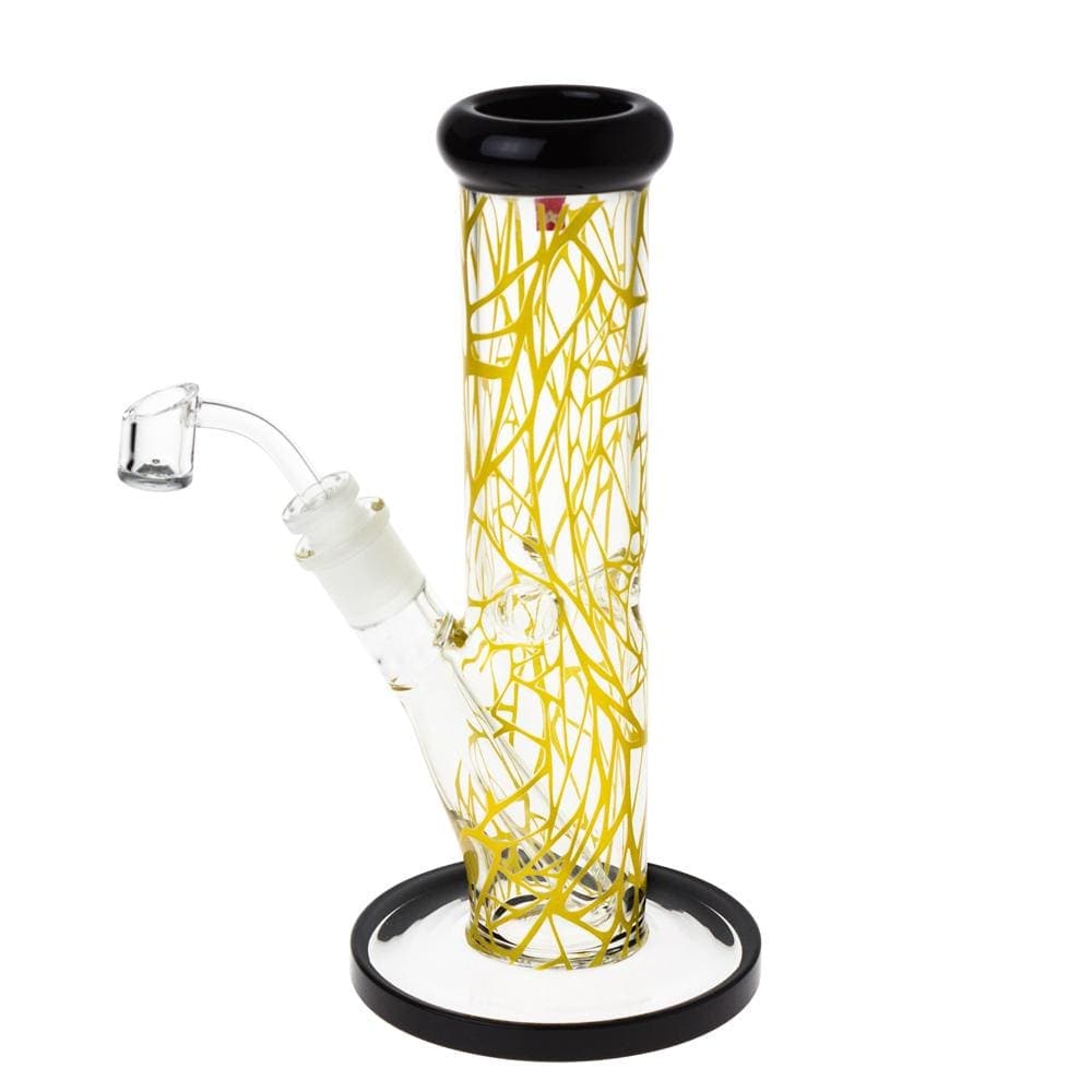 Angled front view of a clear "Famous X Contact 10" Dab Rig Bong with yellow web-like stringers, black-rimmed mouthpiece and base on white.