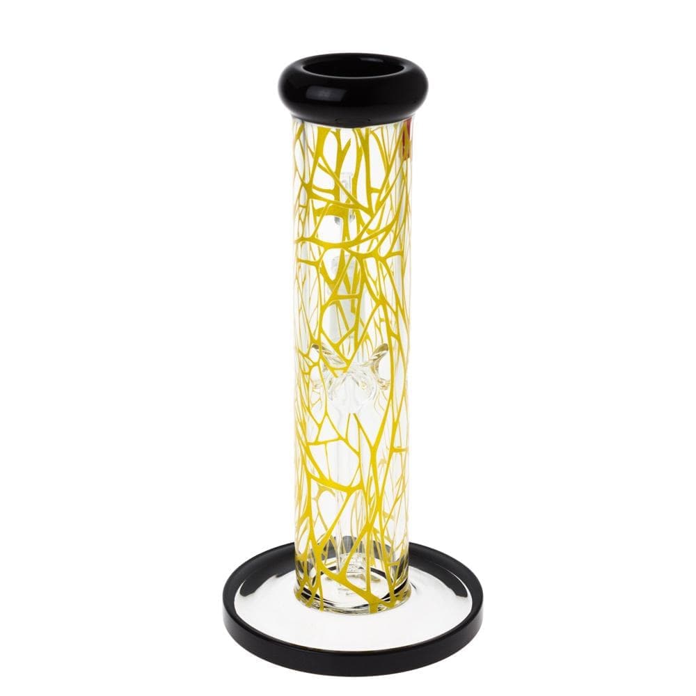 Front view of the Famous X Contact 10" Dab Rig Bong standing on a white background, clear glass tube decorated with yellow webbing and black rim and base.