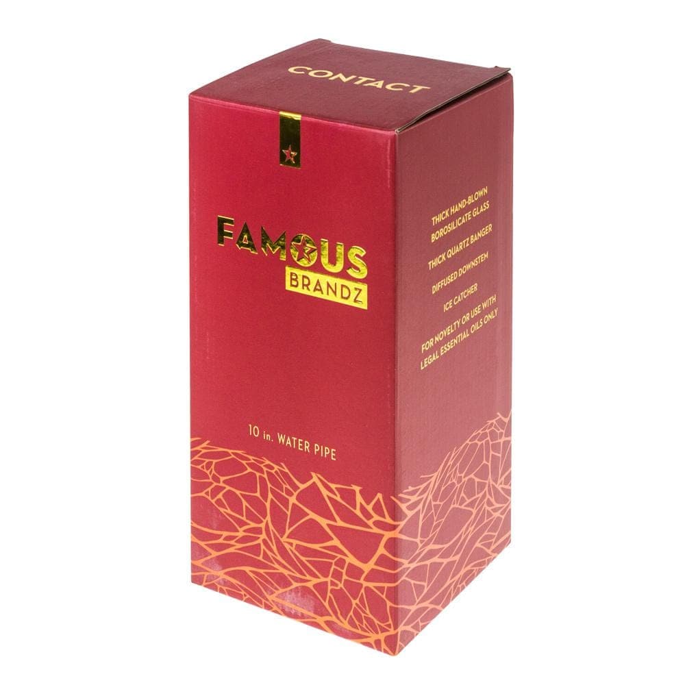A boxed 10-inch water pipe with branding text including “Famous Brandz” and details about its features.