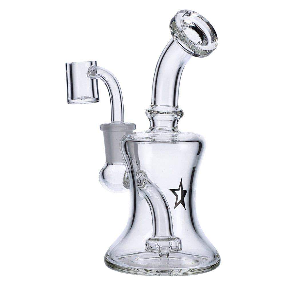 Front view of the Famous X 6" Bell Dab Rig, showcasing its clear glass construction and compact bell shape.