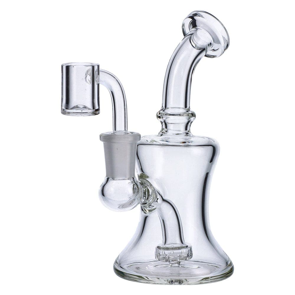 A three-quarter view of the Famous X 6" Bell Dab Rig, showing its clear glass construction and bell-shaped body.
