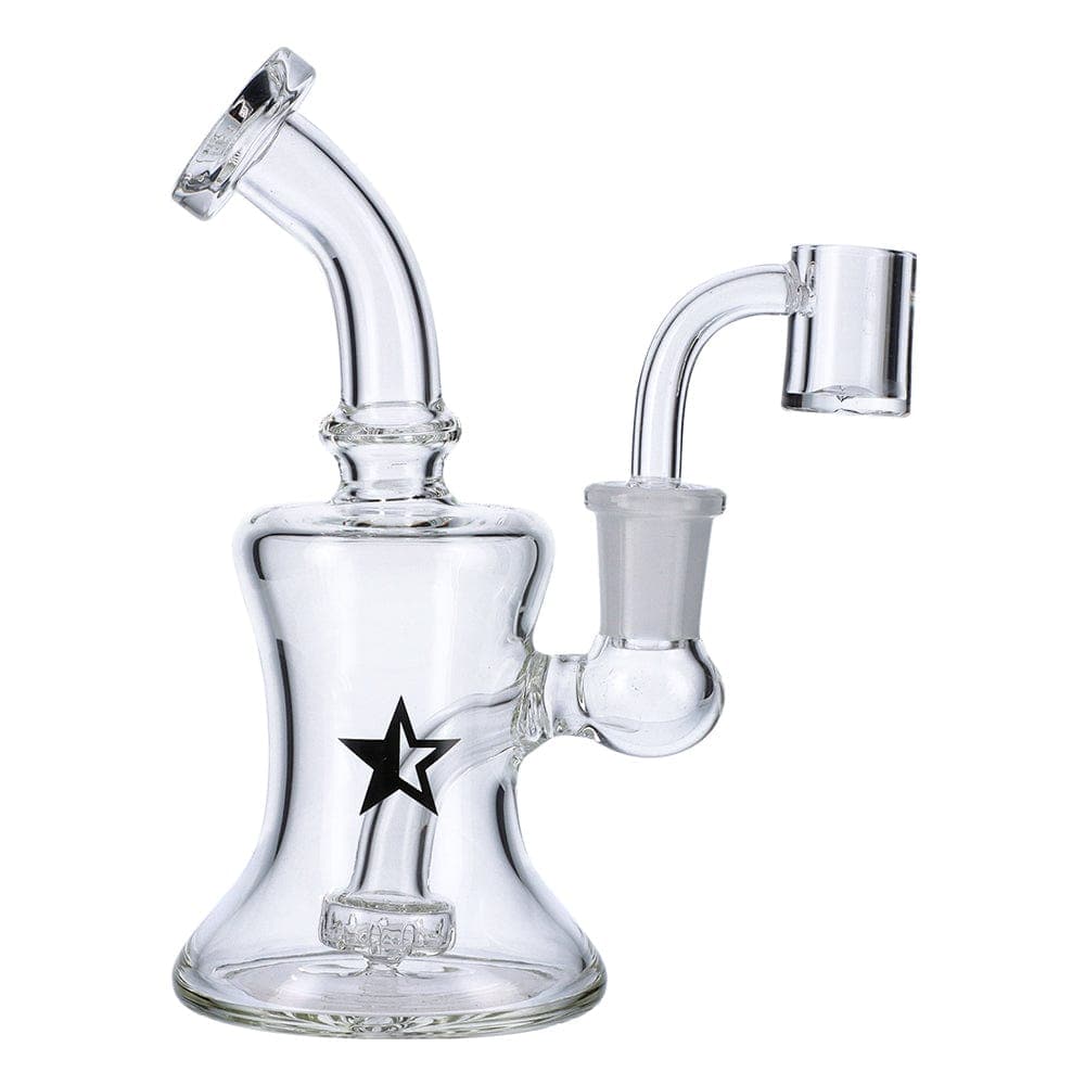 Front view of the Famous X 6" Bell Dab Rig, showcasing the clear glass construction and curved neck design.