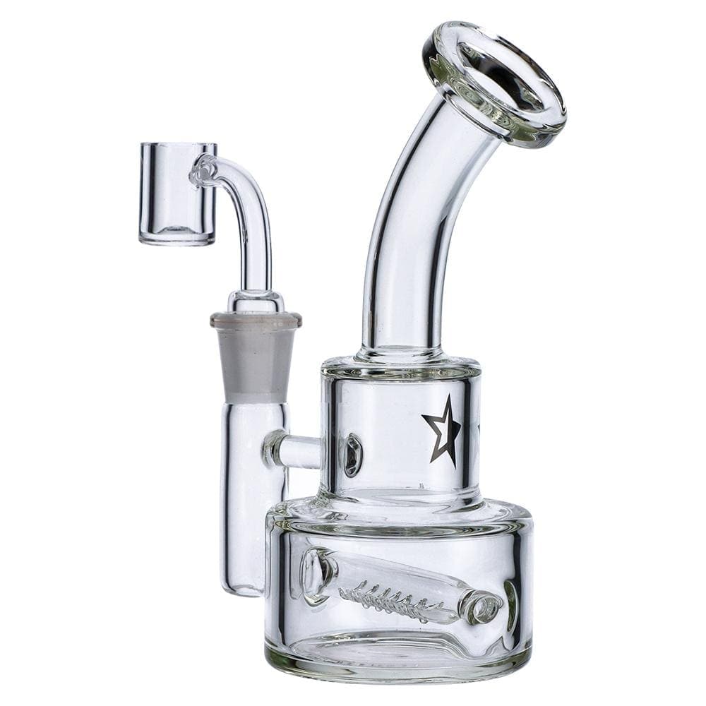 A three-quarter view of the Famous X 6" Stack Dab Rig, showcasing its clear glass construction and stacked perc design.