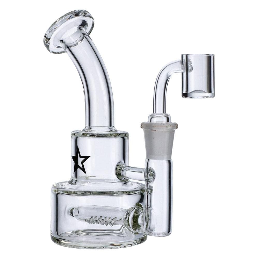 Front view of the Famous X 6" Stack Dab Rig, a clear glass rig with a stacked perc and visible joint.