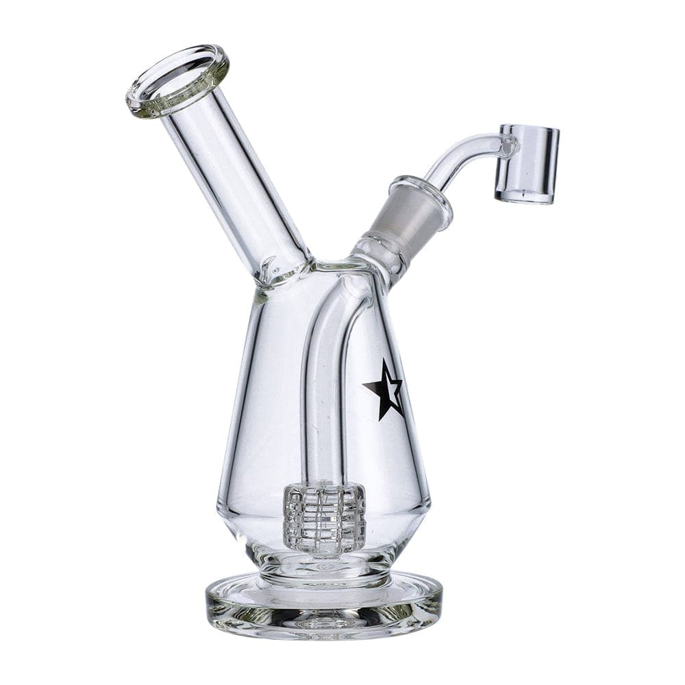 Front view of the Famous X 7" Drip Dab Rig, showcasing the clear glass construction and curved neck design.