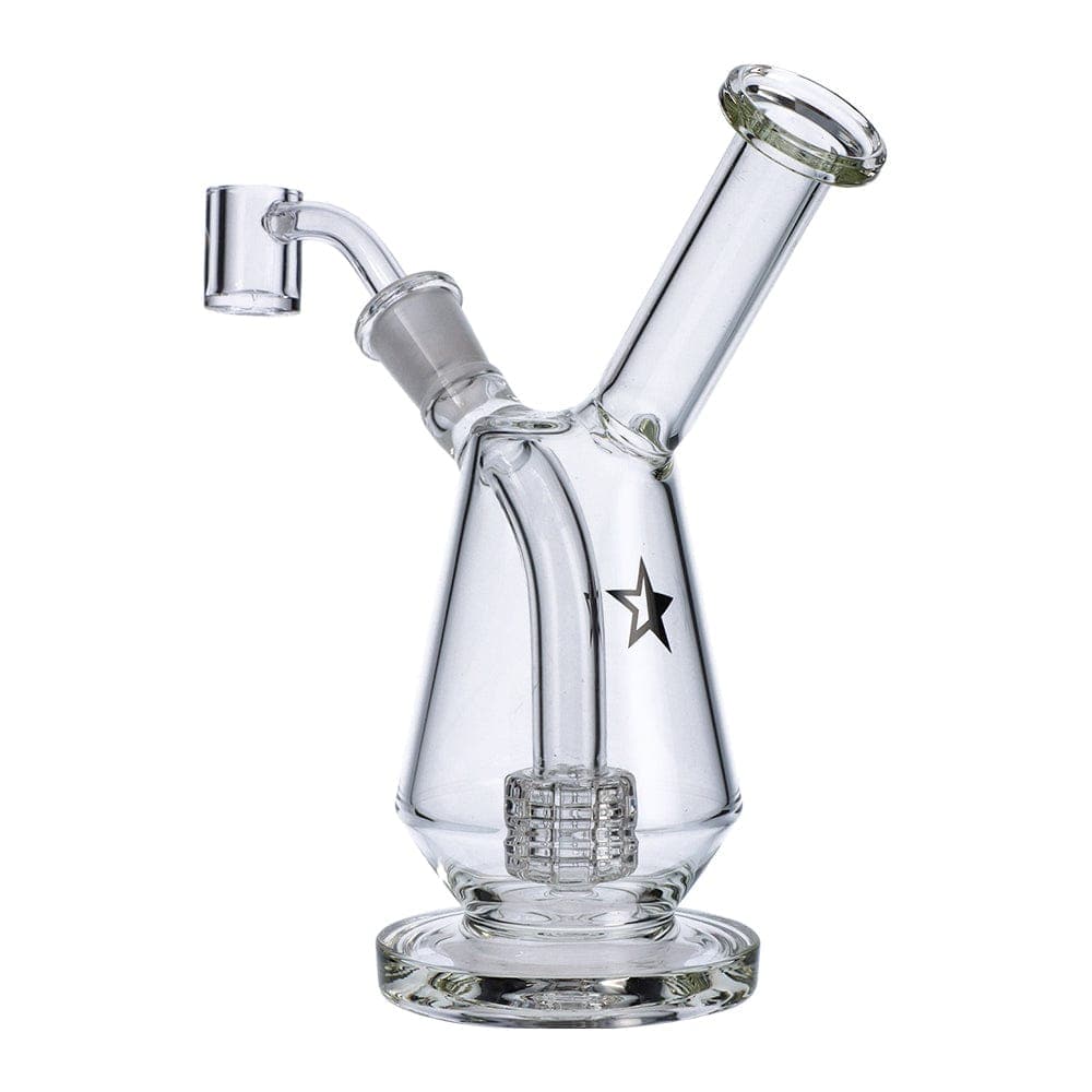 Front view of the Famous X 7" Drip Dab Rig, a clear glass rig with a rounded base and angled mouthpiece.