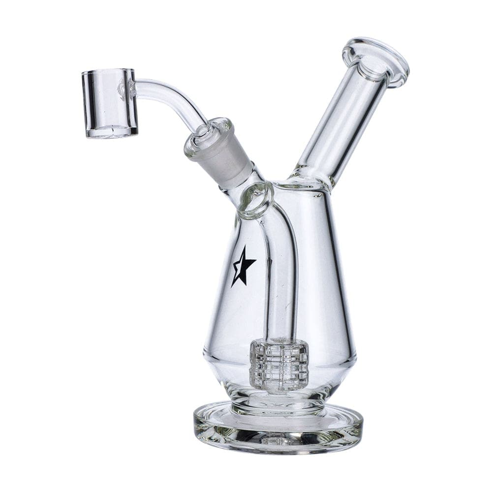 A three-quarter view of the Famous X 7" Drip Dab Rig, showing the clear glass and curved mouthpiece against a plain white background.