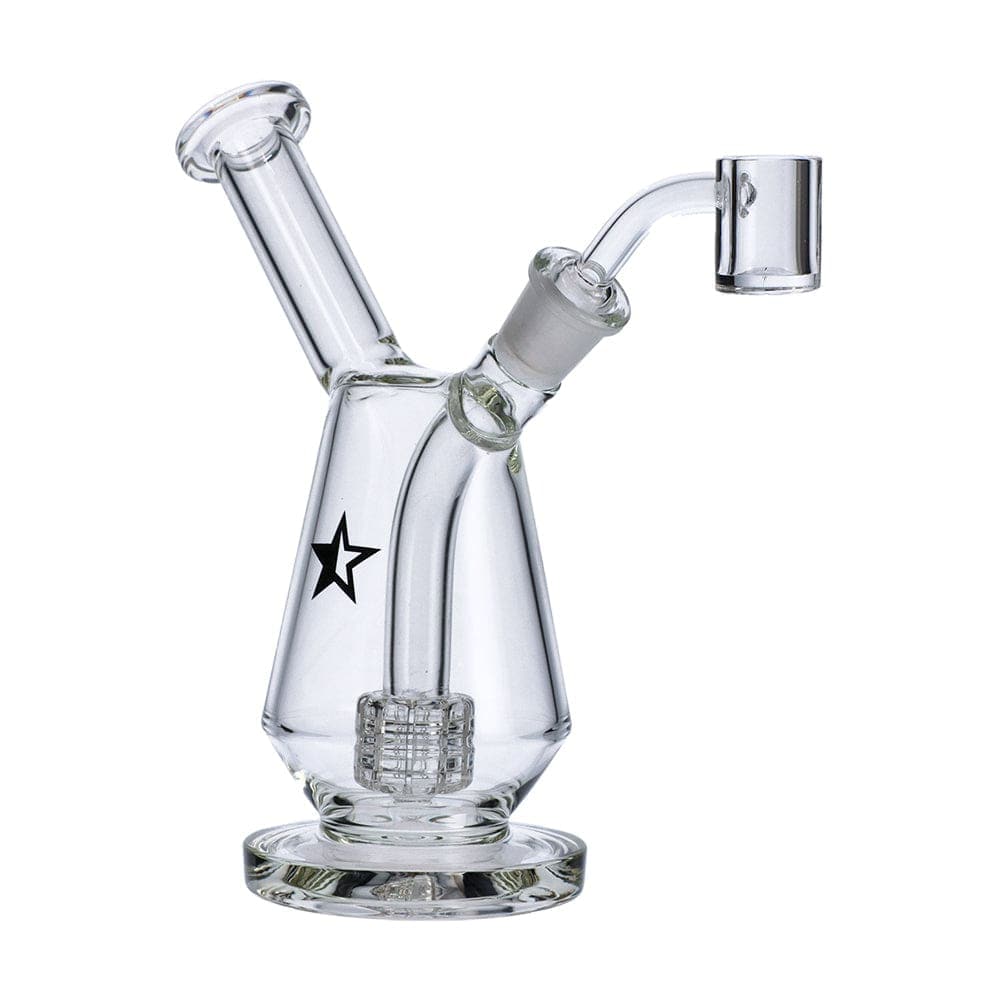 Front view of the Famous X 7" Drip Dab Rig, showing a clear glass rig with a unique drip catcher design.