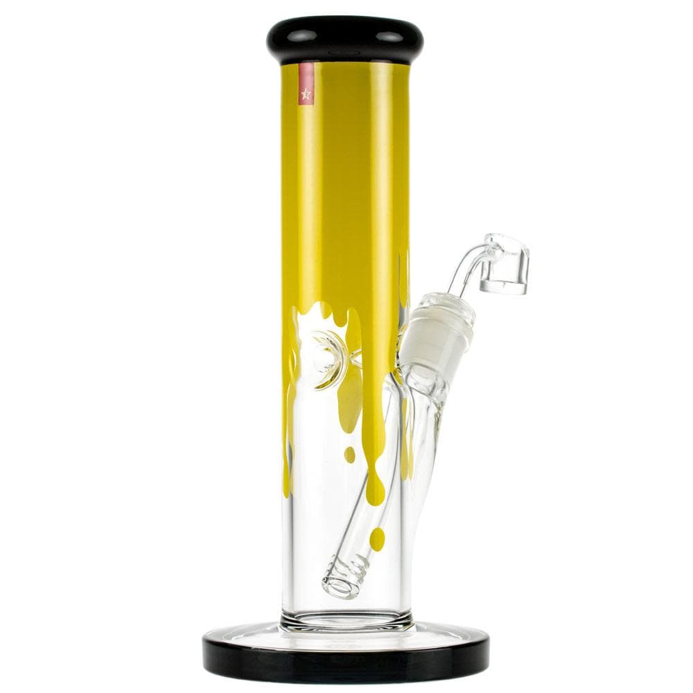 Front view of the Surrender 10" Straight Dab Rig, featuring a black accent around the top of the clear glass tube.