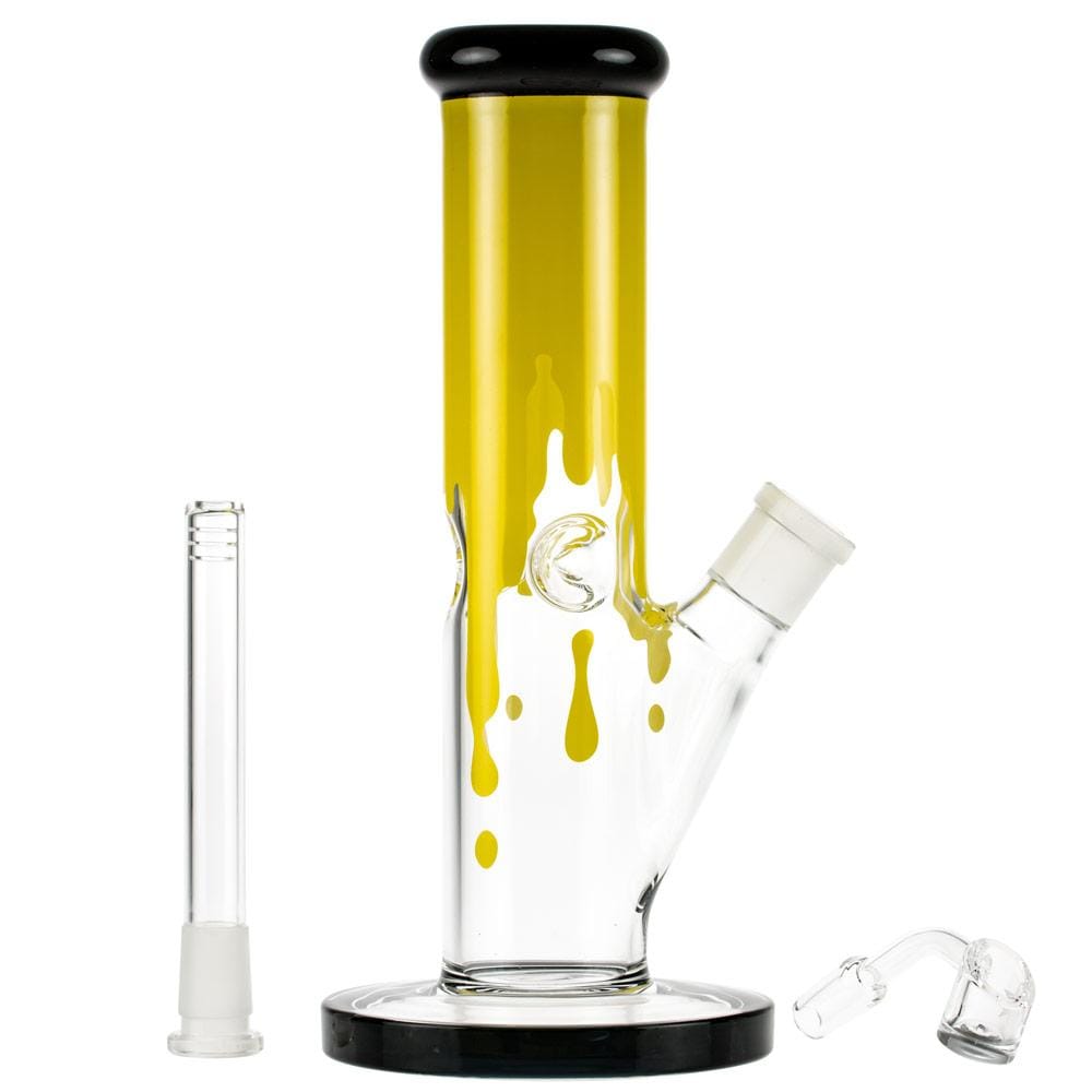 Front view of the Surrender 10" Straight Dab Rig, showing a clear glass rig with black accents, angled against a plain white background.