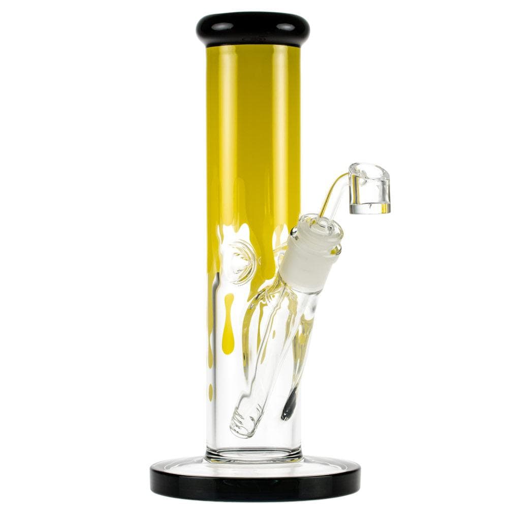 A straight-on view of the Surrender 10" Straight Dab Rig, showcasing its clear glass construction and simple cylindrical form.