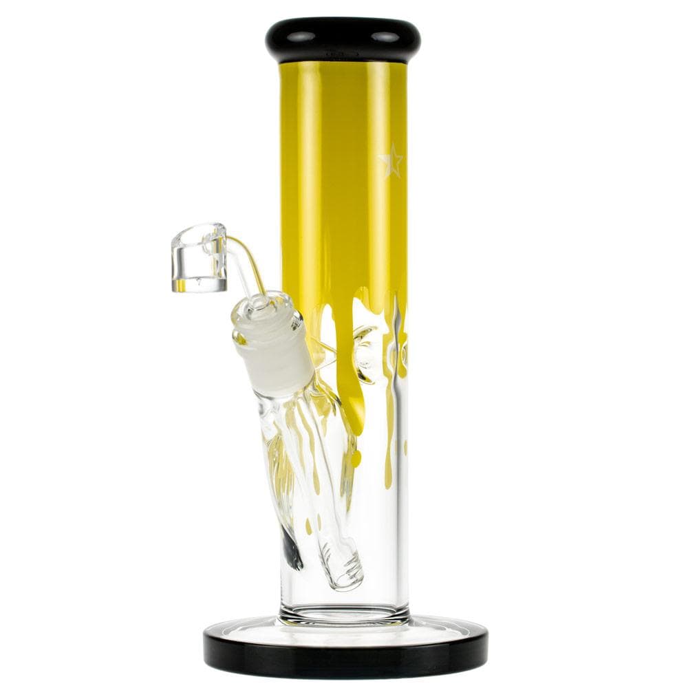 A front view of the Surrender 10" Straight Dab Rig, featuring clear glass with a black accent and attached glass joint.