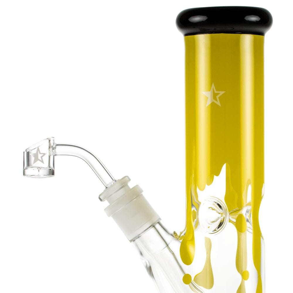 A front view of the Surrender 10" Straight Dab Rig, showcasing the clear glass with a black accent and visible joint.