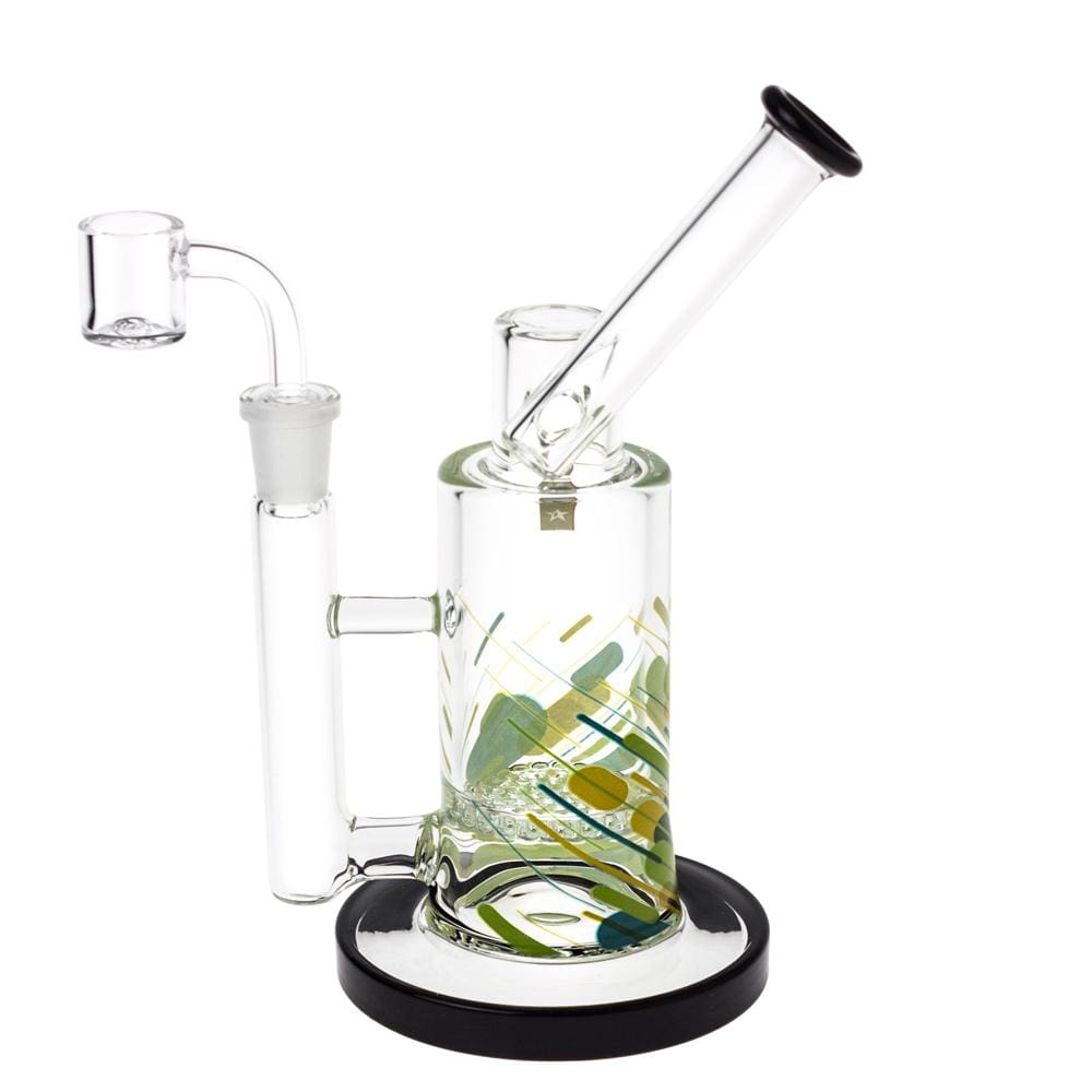The Versuz 8" Dab Rig Water Pipe is pictured from a slightly high angle, displaying its clear glass construction and unique swirling green accents.
