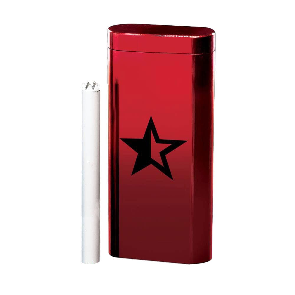 A side view of the Famous X Dugout, showing a sleek, red, rectangular case with a cylindrical opening.