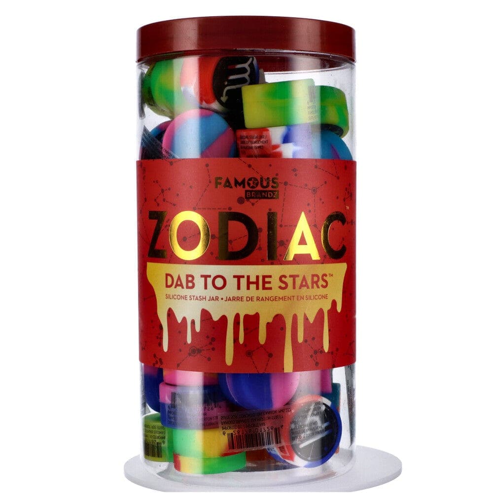 Front view of the Famous Design Zodiac Jar of colorful, 32mm silicone extract containers.