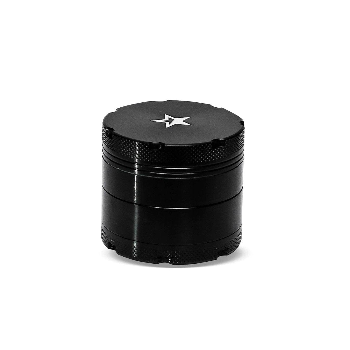 A close-up shot of the silver Famous X 50mm 4-Piece Aluminum Grinder, displaying its multi-tiered, cylindrical design.