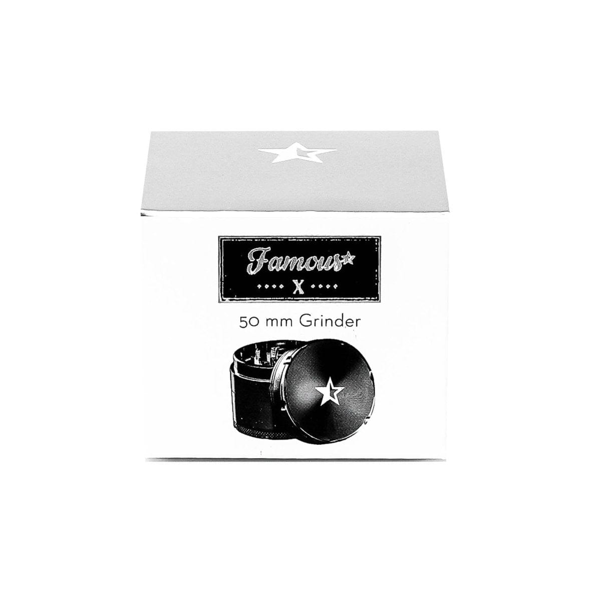 Front view of the Famous X 50mm 4-Piece Aluminum Grinder, showcasing its circular, multi-tiered design on a plain background.