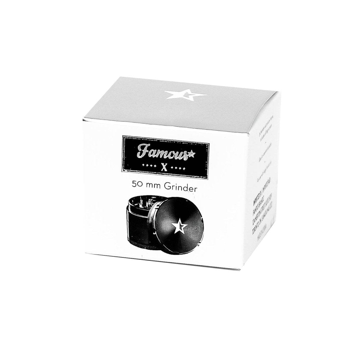 A top-down view of the silver Famous X 50mm 4-Piece Aluminum Grinder, showcasing its circular, multi-part design.