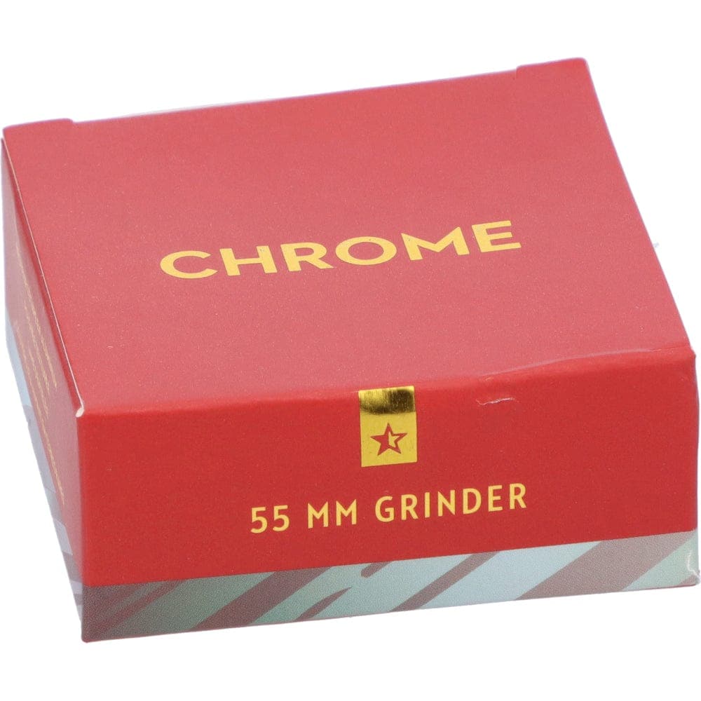 Front view of the Famous X 55mm 1-Stage Grinder in chrome, reflecting light with a clean, metallic finish.