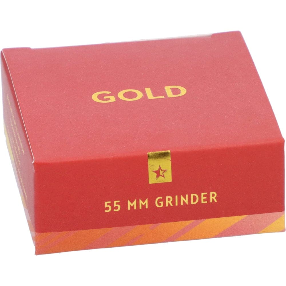 Front view of the gold Famous X 55mm 1-Stage Grinder, showcasing its compact circular design against a plain background.