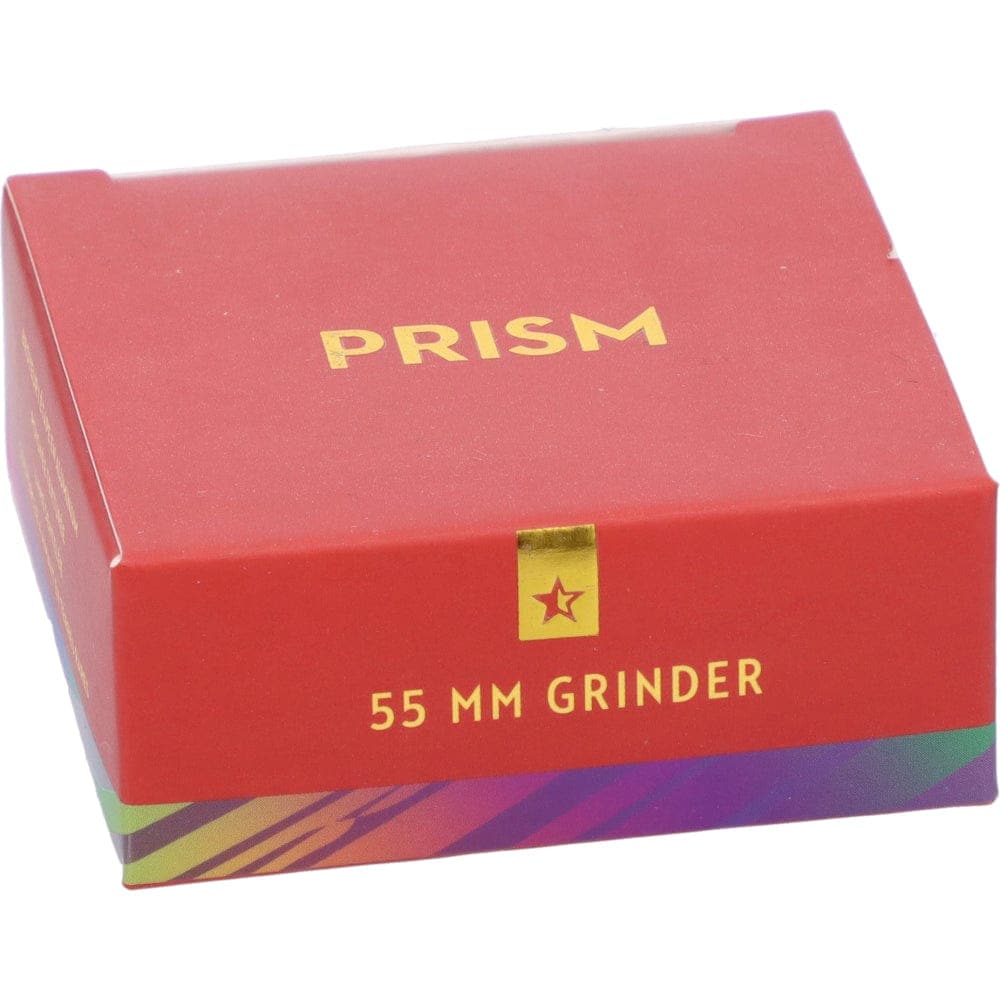 Front view of the Famous X 55mm 1-Stage Grinder - Prism, highlighting its metallic finish and simple cylindrical shape.