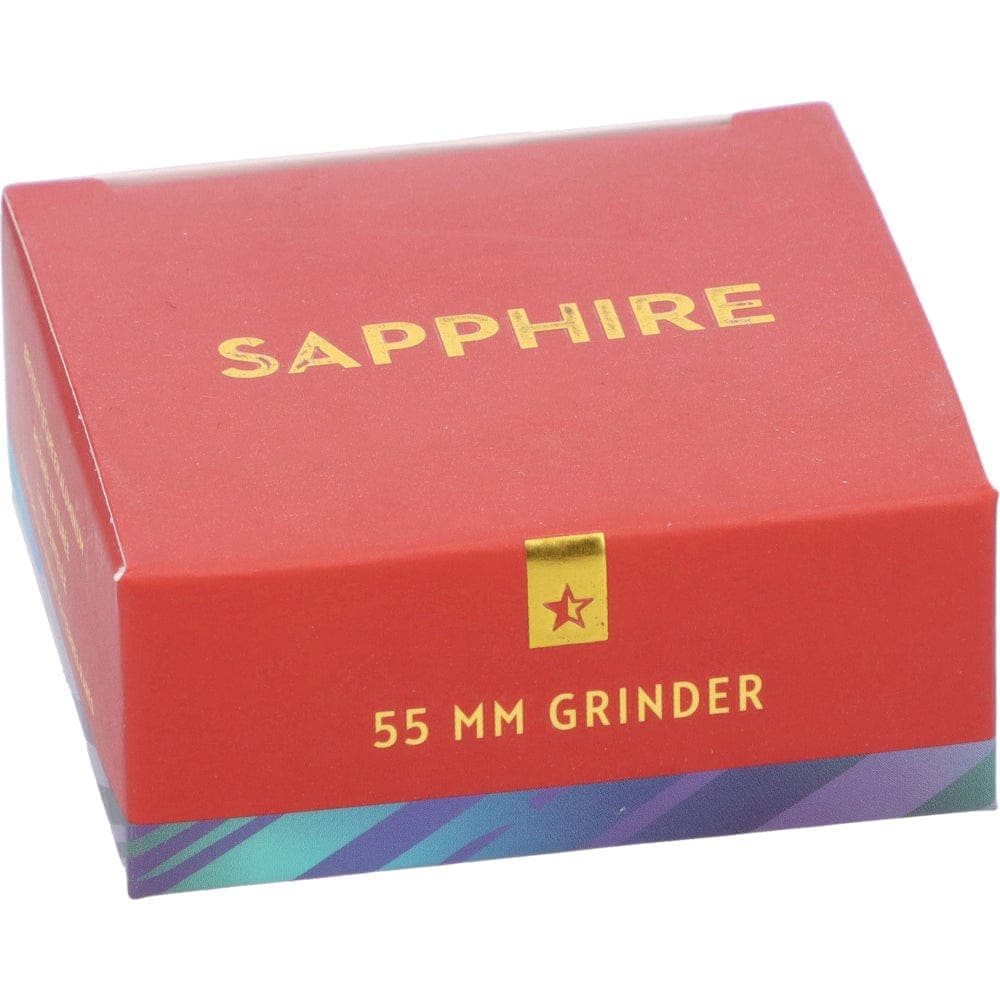 Front view of the Famous X 55mm 1-Stage Grinder in sapphire, showcasing its compact, circular design against a neutral background.
