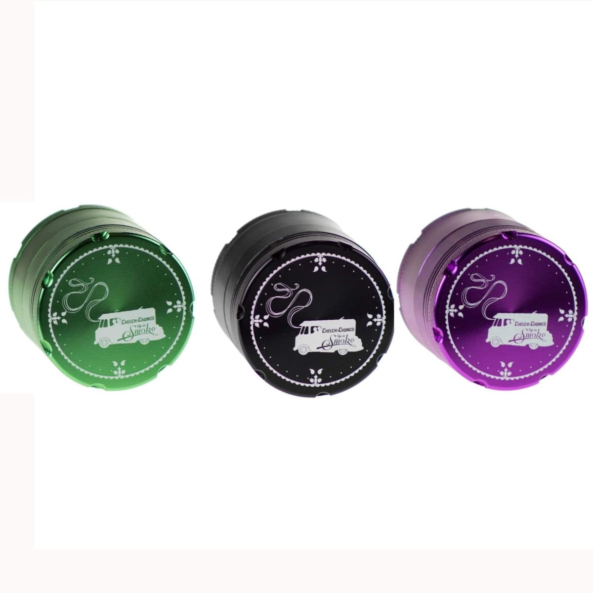 A close-up of the Famous X Up In Smoke 50mm 4-Piece Grinder, showing its metallic finish against a dark backdrop.