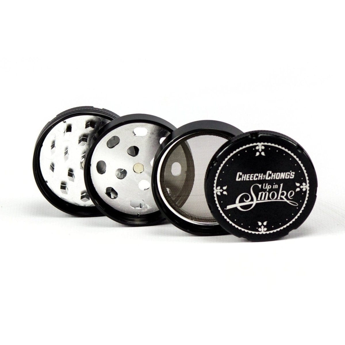 A top-down view of the open, four-piece Famous X Up In Smoke 50mm grinder, showcasing its metallic, tiered design.